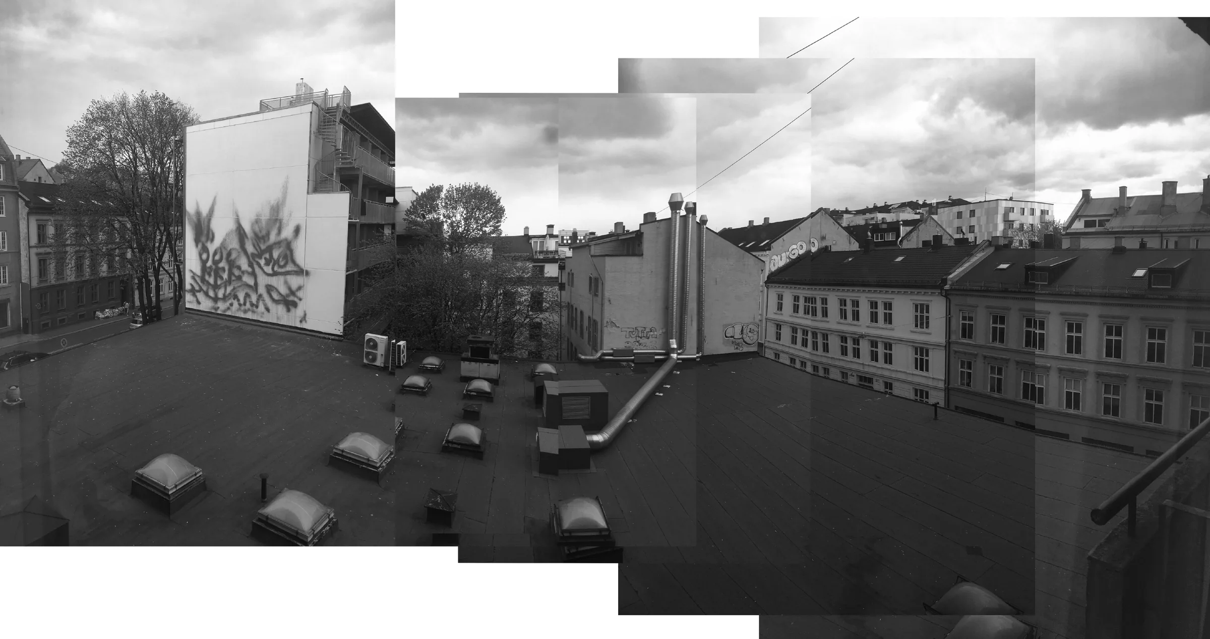 Utsikten fra leiligheten: bakgården og takene i kvartalet, satt sammen av flere fotografier.